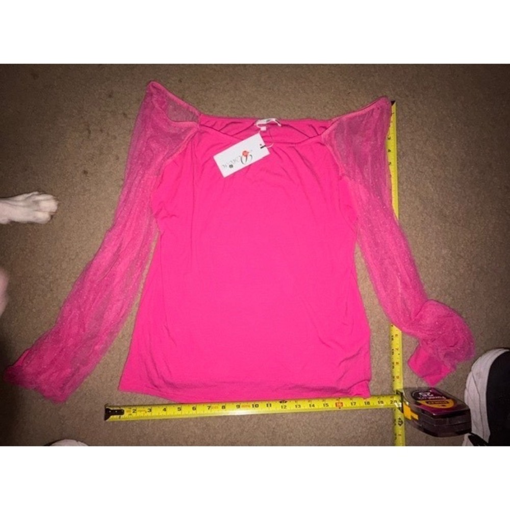 Dorose Hot Pink Off Shoulder Mesh Sleeve Ribbed Top Blouse XXL NWT T22-30